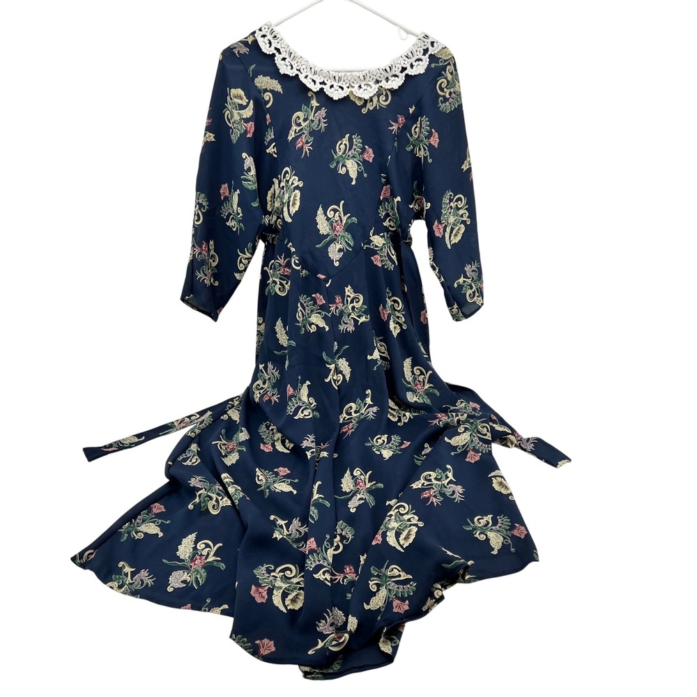 Handmade Robin Navy Blue Floral Midi Dress Lace Collar V-Waist Small Cottagecore